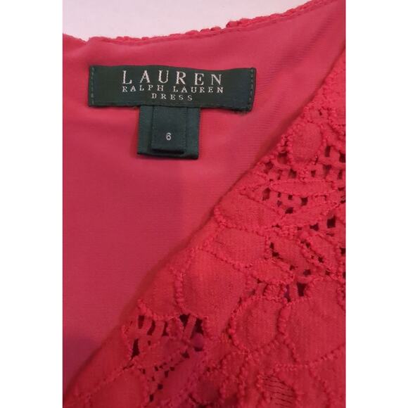 LAUREN RALPH LAUREN Pink VNeck Ruched Sheath Dress Lace Overlay women's size 6 - Picture 2 of 7
